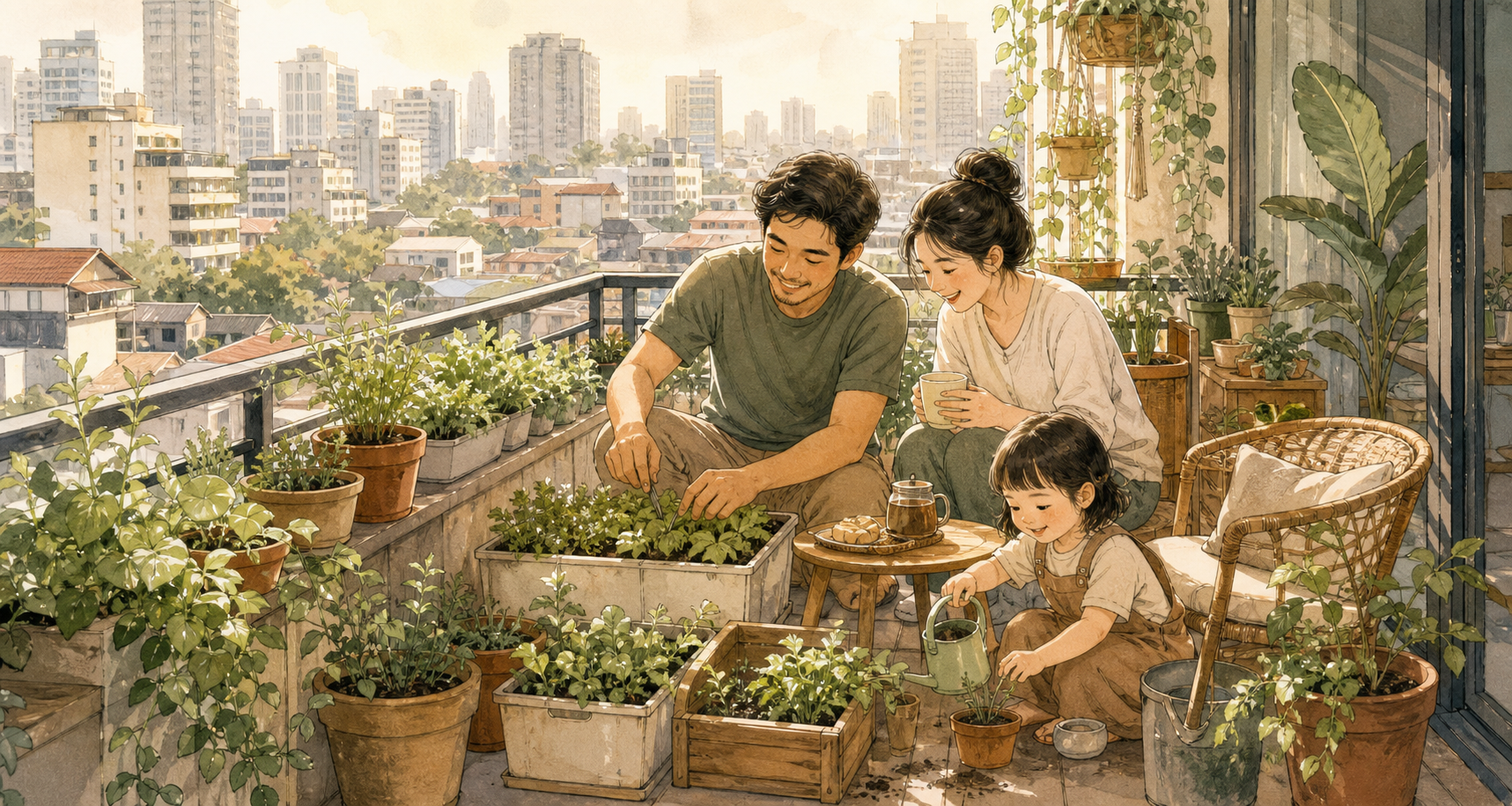 Ilustrasi keluarga kecil menikmati slow living versi kota dengan tanaman dan suasana yang tenang.