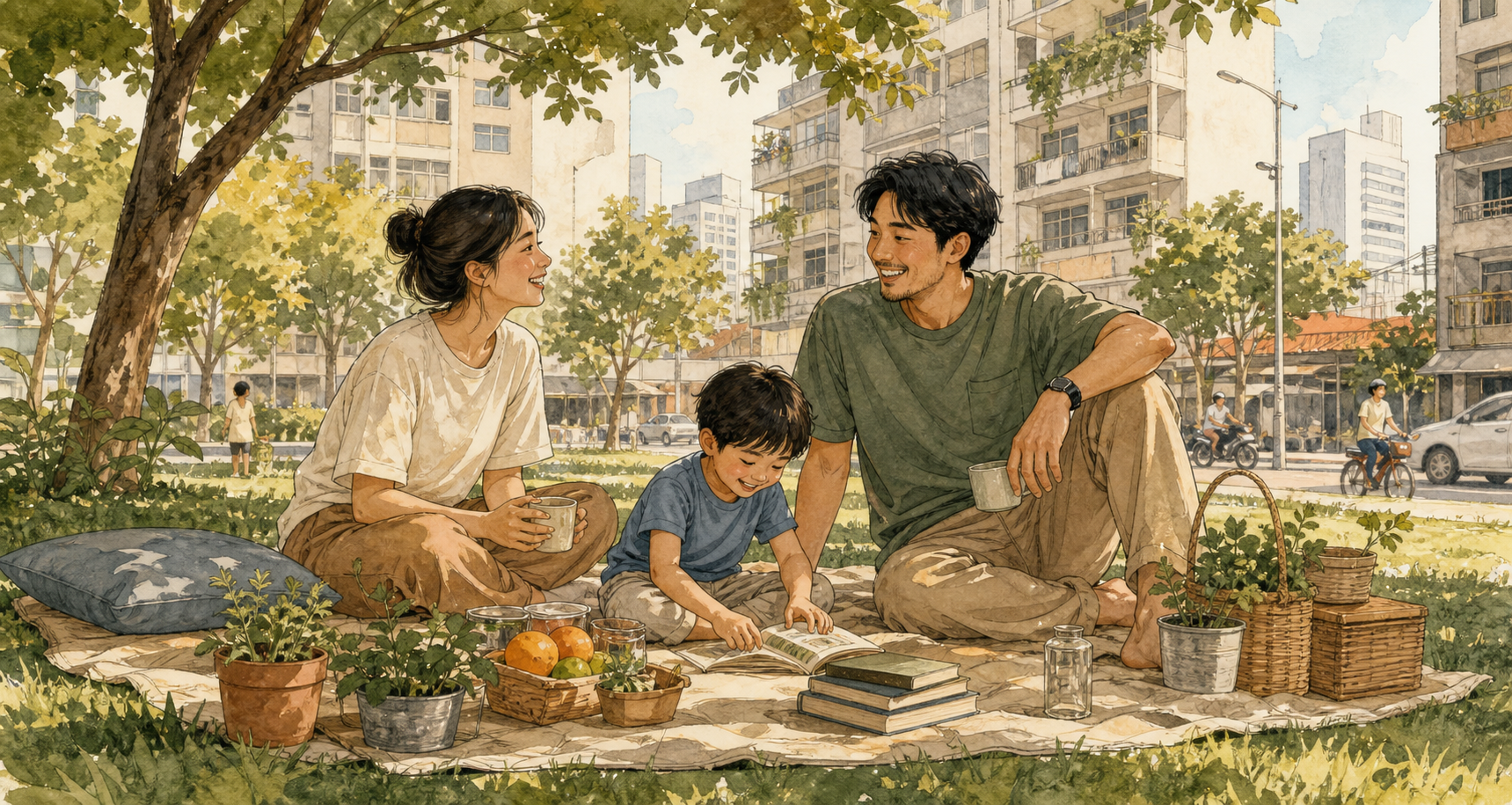 Ilustrasi keluarga kecil menikmati hari yang ceria di tengah kota sibuk dengan nuansa slow living.